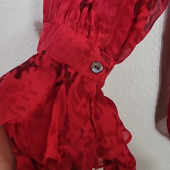 Vintage Chicos Sheer 100% Silk Button Up Shirt Size M/L Red Ruffle Goth Vamp Y2K - Picture 2 of 14